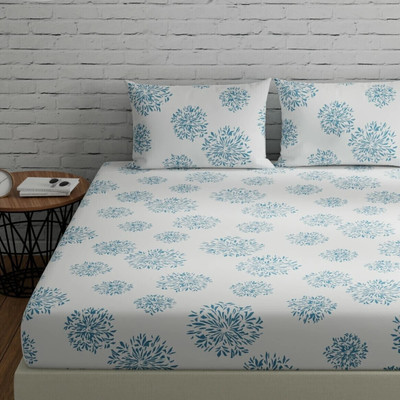 Huesland Cotton King Flat 144 TC Geometric Bedsheet(Pack of 1, White (Blue Print))