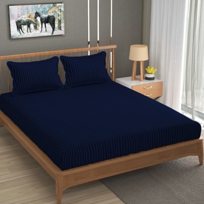 Homefab India 140 TC Cotton Double Striped Flat Bedsheet(Pack of 1, Navy Blue)