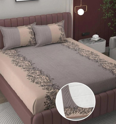 Rumps 350 TC Cotton, Microfiber Double Printed Fitted (Elastic) Bedsheet(Pack of 1, Multicolor, Brown)