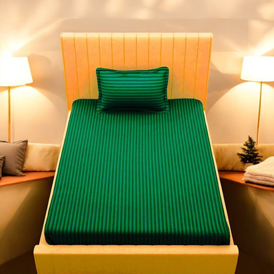 HOMYBEES Cotton Single Fitted (Elastic) 300 TC Striped Bedsheet(Pack of 1, Green)