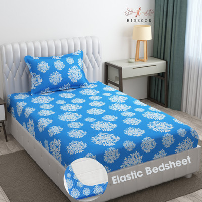 HIDECOR 280 TC Microfiber Single Polka Fitted (Elastic) Bedsheet(Pack of 1, Blue)