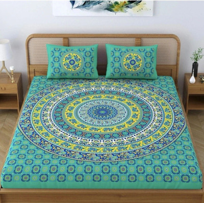 SARVOCH Cotton Double Flat 144 TC Jaipuri Prints Bedsheet(Pack of 1, Green)
