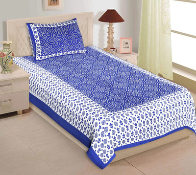 Jeevat Cotton Single Flat 144 TC Printed Bedsheet(Pack of 1, Blue)