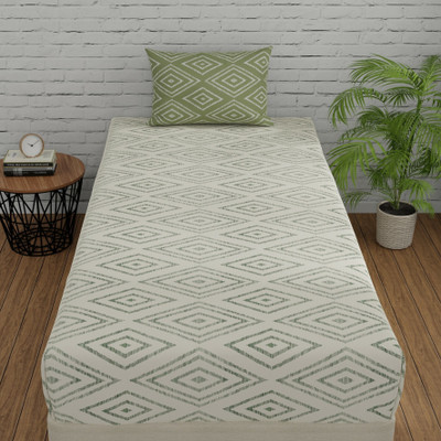 Huesland Cotton Single Flat 144 TC Geometric Bedsheet(Pack of 1, White & Sage Green)