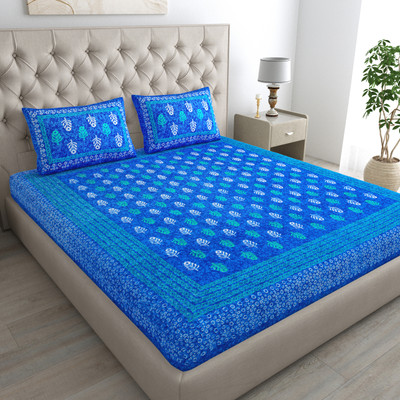 Cosito 144 TC Cotton Double Jaipuri Prints Flat Bedsheet(Pack of 1, Blue)