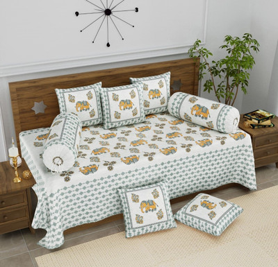 S Global Cotton Single Flat 250 TC Jaipuri Prints Bedsheet(Pack of 1, Multicolor: Green)