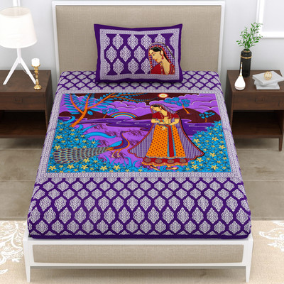 Mandakini 140 TC Cotton Single Jaipuri Prints Flat Bedsheet(Pack of 1, Purple)