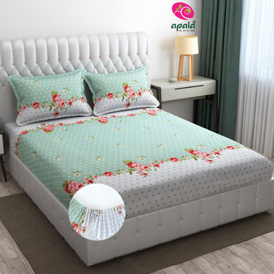 Apala 280 TC Microfiber King Printed Fitted (Elastic) Bedsheet(Pack of 1, Green)