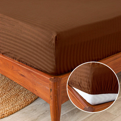 HOMEMONDE Cotton Double Fitted (Elastic) 210 TC Striped Bedsheet(Pack of 1, Brown)