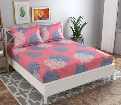 VAS COLLECTIONS 180 TC Cotton Double Floral Fitted (Elastic) Bedsheet(Pack of 1, Pink)