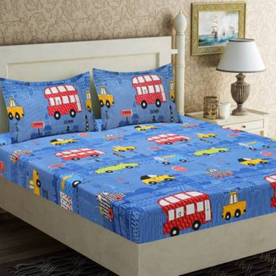 precise fabrics 250 TC Microfiber Double Printed Fitted (Elastic) Bedsheet(Pack of 1, Blue)