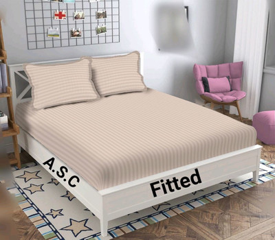 NeLeo 225 TC Polycotton Queen Striped Fitted (Elastic) Bedsheet(Pack of 1, Beige)