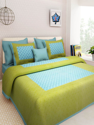 E ELMA 210 TC Cotton Double Jaipuri Prints Flat Bedsheet(Pack of 1, Green)