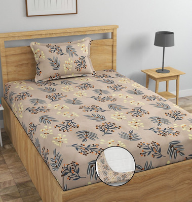 YKNIP 250 TC Cotton Single Floral Fitted (Elastic) Bedsheet(Pack of 1, Cotton Single Fitted Bedsheet 72x36 In with 1 Pillow Cover 18x28 In Beige)