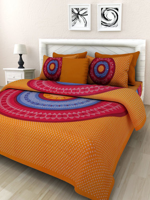 E ELMA 210 TC Cotton Double Jaipuri Prints Flat Bedsheet(Pack of 1, Orange)