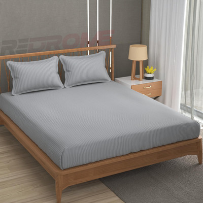 REDROME Cotton Double Flat 300 TC Striped Bedsheet(Pack of 1, Light Grey)