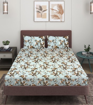 ROMEE 150 TC Cotton Queen Floral Flat Bedsheet(Pack of 1, Blue)