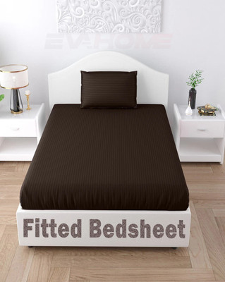 EVAHOME 300 TC Cotton Single Striped Fitted (Elastic) Bedsheet(Pack of 1, Coffee)