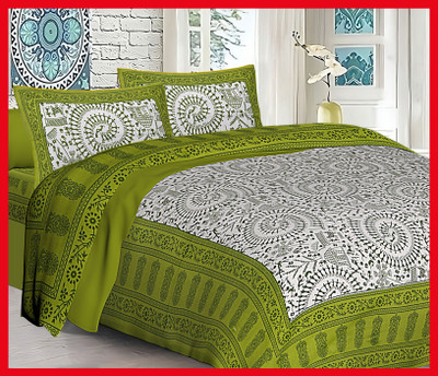 BedZone Cotton Double Flat 230 TC Jaipuri Prints Bedsheet(Pack of 1, Green)