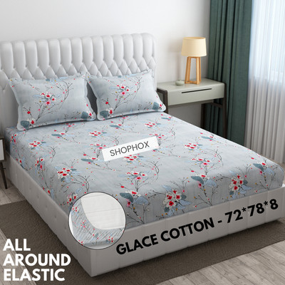 SHOPHOX 210 TC Cotton Double, King Printed Fitted (Elastic) Bedsheet(Pack of 1, Grey, Red)