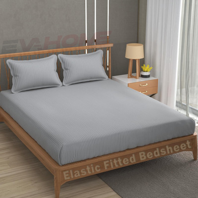 EVAHOME 300 TC Cotton Double Striped Fitted (Elastic) Bedsheet(Pack of 1, Light Grey)