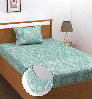 BM Decor Velvet King Fitted (Elastic) 300 TC Self Design Bedsheet(Pack of 1, Green)