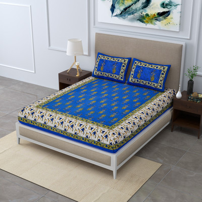 Poorak 104 TC Cotton Double Jaipuri Prints Flat Bedsheet(Pack of 1, Blue)