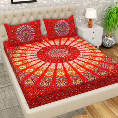 Cosito 144 TC Cotton Double Jaipuri Prints Flat Bedsheet(Pack of 1, Red, Orange)