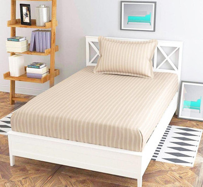 WUSA Satin Single Flat 210 TC Striped Bedsheet(Pack of 1, Cream)