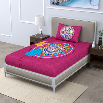 Loroco 104 TC Cotton Single Printed Flat Bedsheet(Pack of 1, Pink)