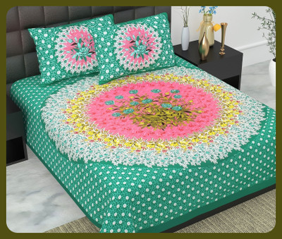 BedZone Cotton Double Flat 240 TC Jaipuri Prints Bedsheet(Pack of 1, Green)
