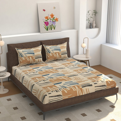 OSONIC 250 TC Microfiber King Abstract Fitted (Elastic) Bedsheet(Pack of 1, Beige & Brown)