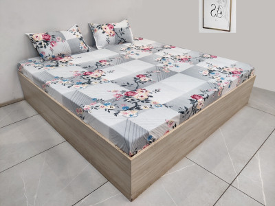 TexKing 150 TC Polycotton Double Printed Fitted (Elastic) Bedsheet(Pack of 1, Grey Peach, Double Bedsheet with 2 Pillow Covers)