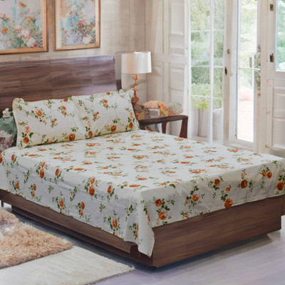 Nushio Clothing Cotton Queen Flat 1800 TC Floral Bedsheet(Pack of 1, White)