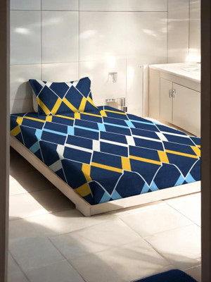 HOMYBEES 220 TC Cotton Single Abstract Fitted (Elastic) Bedsheet(Pack of 1, Blue)