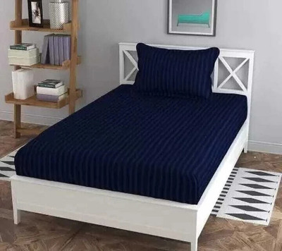CottonDreamz Cotton Single Flat 220 TC Striped Bedsheet(Pack of 1, Navy Blue)