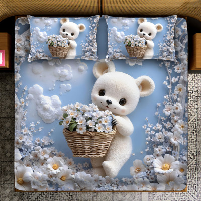 HarshBala Polycotton Double Flat 220 TC Animal Bedsheet(Pack of 1, 5D Full HD Digital Print Kids Teddy Flowers)