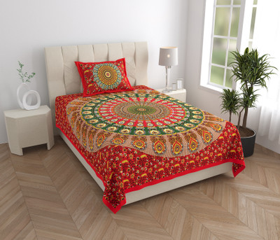 Mandakini 144 TC Cotton Single Jaipuri Prints Flat Bedsheet(Pack of 1, Red)