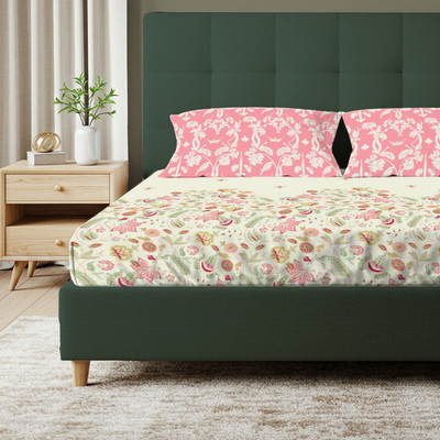 Urban Space Cotton Double Flat 200 TC Printed Bedsheet(Pack of 1, Beige, Pink)
