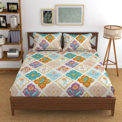 Drishti enterprises Cotton Double Fitted (Elastic) 210 TC Printed Bedsheet(Pack of 1, Multi Beige)