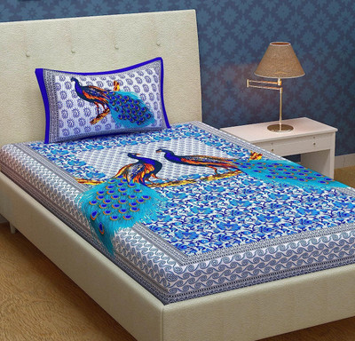 Homeline 144 TC Cotton Single Jaipuri Prints Flat Bedsheet(Pack of 1, Blue)