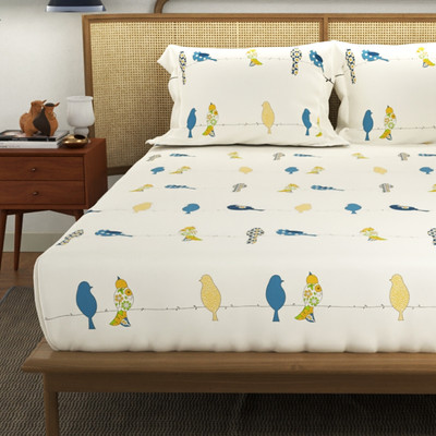 Urban Space Cotton Double Flat 144 TC Printed Bedsheet(Pack of 1, Humming bird Blue)