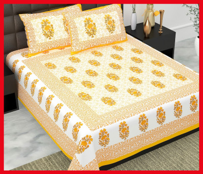 BedZone Cotton Double Flat 240 TC Jaipuri Prints Bedsheet(Pack of 1, Yellow)