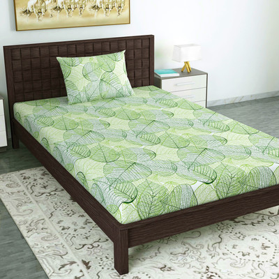 Divine Casa Cotton Single Flat 144 TC Floral Bedsheet(Pack of 1, Garden Green)