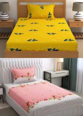 P.Rtrend 210 TC Cotton Single Printed Flat Bedsheet(Pack of 2, Yellow, Pink)