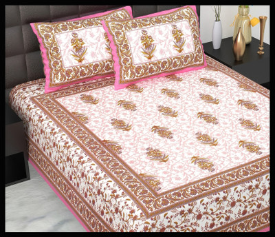 JAIPUR PRINTS Cotton Double Flat 160 TC Jaipuri Prints Bedsheet(Pack of 1, Pink)
