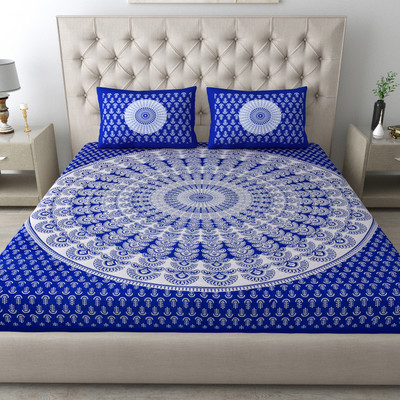 HYNA HOMM Cotton Double Flat 144 TC Jaipuri Prints Bedsheet(Pack of 1, Blue_White)