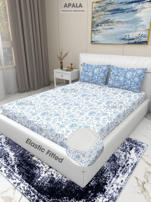 Apala 280 TC Microfiber Double, King Floral Fitted (Elastic) Bedsheet(Pack of 1, White & Blue)