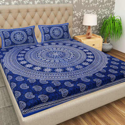 Mohini Dyeing 144 TC Cotton Queen, Double Jaipuri Prints Flat Bedsheet(Pack of 1, Dark Blue)