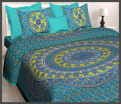 JAIPUR PRINTS Cotton Double Flat 160 TC Jaipuri Prints Bedsheet(Pack of 1, Sea green)